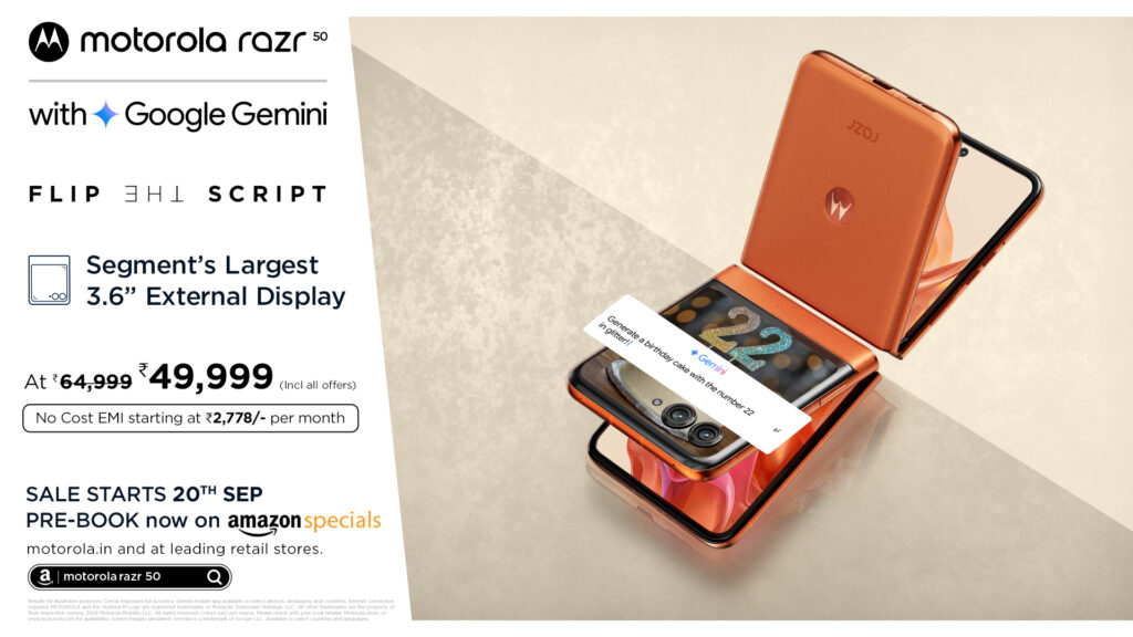 Motorola launches razr 50: Revolutionizing India's Foldable Smartphone Market with segment’s Largest 3.6” External Display, Google’s Gemini AI, Redesigned teardrop hinge and a 50MP OIS Camera – Starting at special festive pricing of just Rs. 49,999*! Prebook starts 10th September