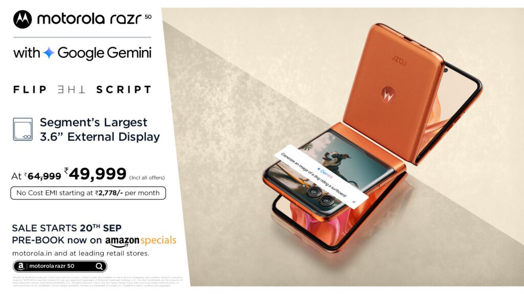 Motorola launches razr 50: Revolutionizing India's Foldable Smartphone Market with segment’s Largest 3.6” External Display, Google’s Gemini AI, Redesigned teardrop hinge and a 50MP OIS Camera – Starting at special festive pricing of just Rs. 49,999*! Prebook starts 10th September