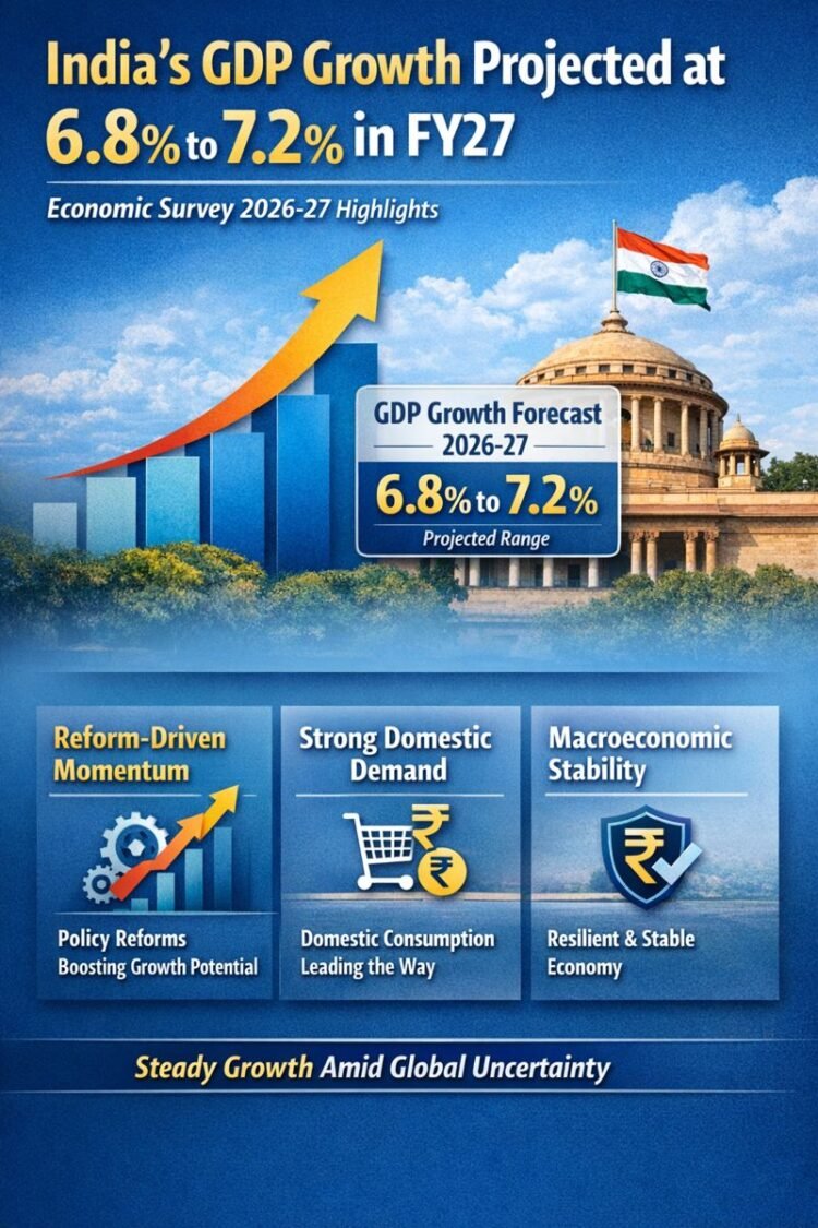 India’s Economy Likely to Grow 6.8–7.2% in FY27: Economic Survey Signals Resilience Amid Global Uncertainty 1 India’s Economy Likely to Grow 6.8–7.2% in FY27: Economic Survey Signals Resilience Amid Global Uncertainty