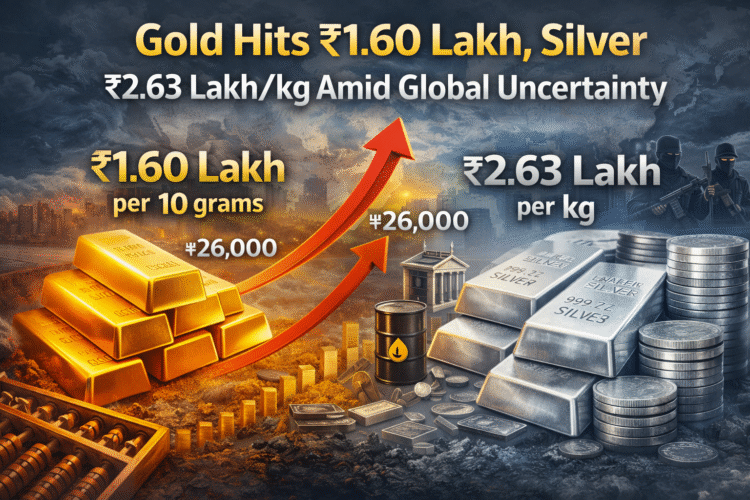 Gold Near ₹1.60 Lakh, Silver at ₹2.63 Lakh per kg Amid Global Uncertainty 1 Gold Near ₹1.60 Lakh, Silver at ₹2.63 Lakh per kg Amid Global Uncertainty