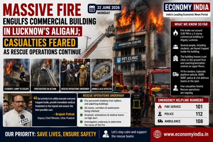 Massive Fire Engulfs Commercial Building in Lucknow’s Aliganj; Casualties Feared as Rescue Operations Continue