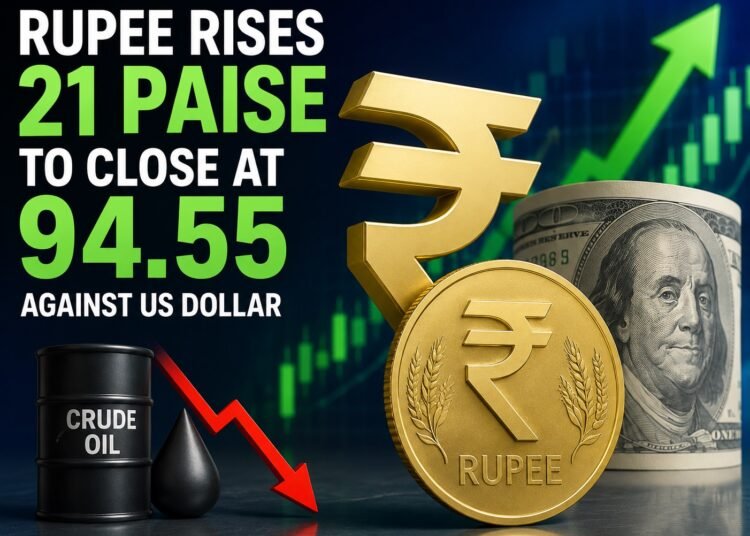 Rupee Rises 21 Paise to 94.55 Against US Dollar on Falling Crude Oil Prices