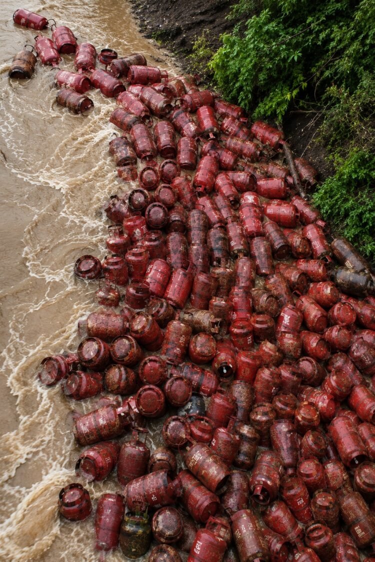 Gas Cylinder Found Floating in Floodwaters