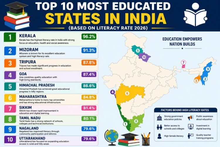 Top 10 Most Educated States in India, India Literacy Rate, Kerala Literacy, Mizoram Education, Tripura Literacy, Goa Education, Himachal Pradesh Literacy, Maharashtra Education, Tamil Nadu Literacy, Education in India, Indian States Ranking, Literacy Rate India 2026, Best Education States India, Human Development India