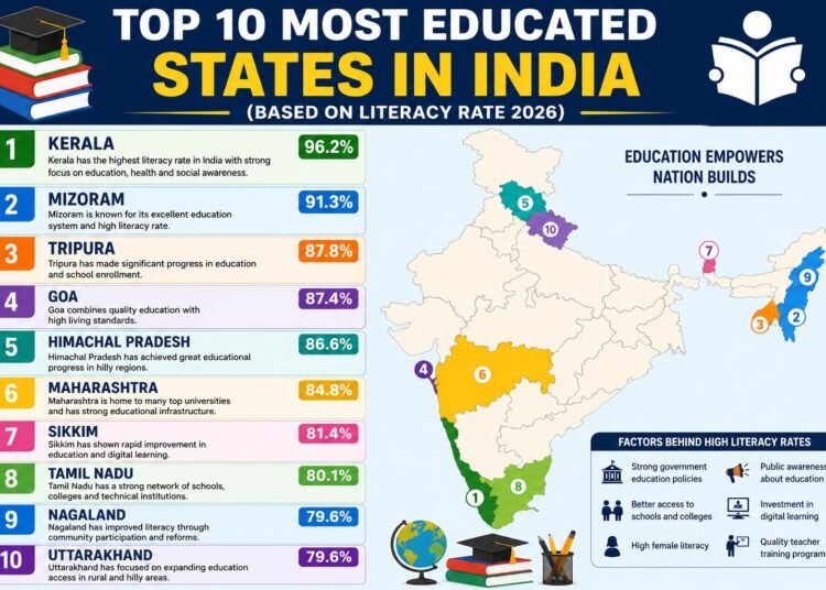 Top 10 Most Educated States in India, India Literacy Rate, Kerala Literacy, Mizoram Education, Tripura Literacy, Goa Education, Himachal Pradesh Literacy, Maharashtra Education, Tamil Nadu Literacy, Education in India, Indian States Ranking, Literacy Rate India 2026, Best Education States India, Human Development India