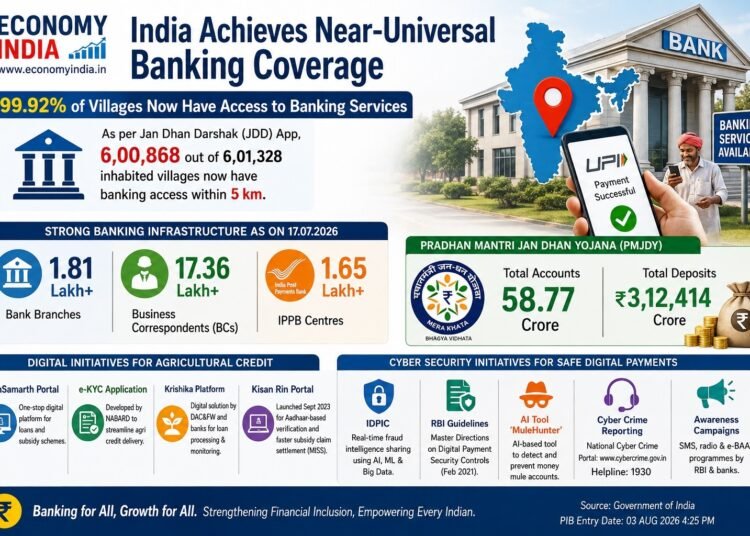 India Achieves Near-Universal Banking Coverage; 99.92% of Villages Now Have Access to Banking Services