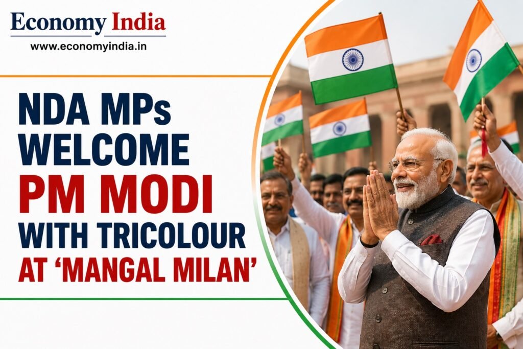 NDA MPs Welcome PM Modi With Tricolour at ‘Mangal Milan’ Parliamentary Meeting 2 NDA MPs Welcome PM Modi With Tricolour at ‘Mangal Milan