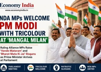 NDA MPs Welcome PM Modi With Tricolour at ‘Mangal Milan’ Parliamentary Meeting