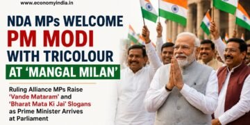 NDA MPs Welcome PM Modi With Tricolour at ‘Mangal Milan’ Parliamentary Meeting