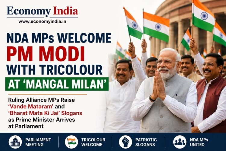 NDA MPs Welcome PM Modi With Tricolour at ‘Mangal Milan’ Parliamentary Meeting 1 NDA MPs Welcome PM Modi With Tricolour at ‘Mangal Milan’ Parliamentary Meeting