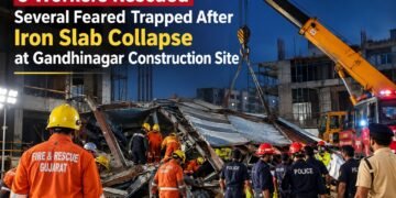 5 Workers Rescued, Several Feared Trapped After Iron Slab Collapse at Gandhinagar Construction Site