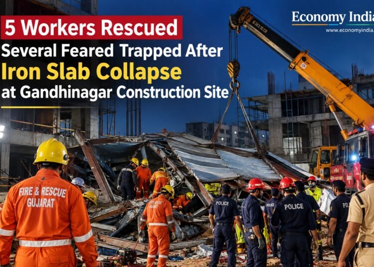 5 Workers Rescued, Several Feared Trapped After Iron Slab Collapse at Gandhinagar Construction Site